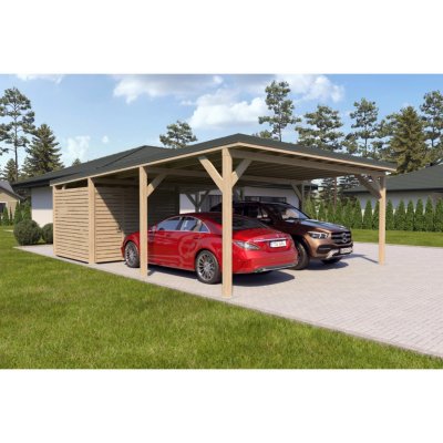 Holzbrüder Ralf na auto s malým domkem impregnace/zelená 6 x 8,68 m – HobbyKompas.cz