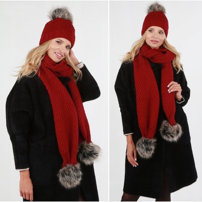 Fashionweek set čepice s fleecovou podšívkou + šála s bambulkami ZIZI42/A8 vínově – Zboží Mobilmania