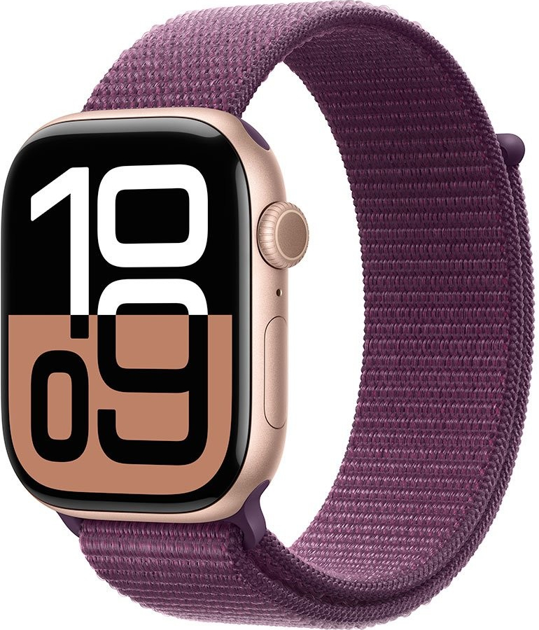 Apple Watch Series 10 GPS 46mm Rose Gold Aluminium Case with Plum Sport Loop, MWWV3LW/A