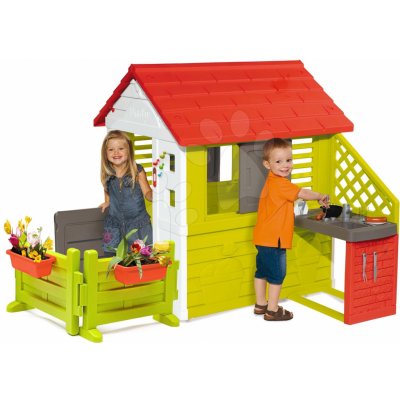 Smoby Domeček s kuchyňkou Nature 3 okna 2 žaluzie s okenicí se zvonkem a zahrádkou – Zboží Dáma