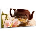 Obraz s hodinami 1D panorama - 120 x 50 cm - Cup of green tea on the table with orchid flower Šálek zeleného čaje na stole s květinou orchideje – Zboží Mobilmania