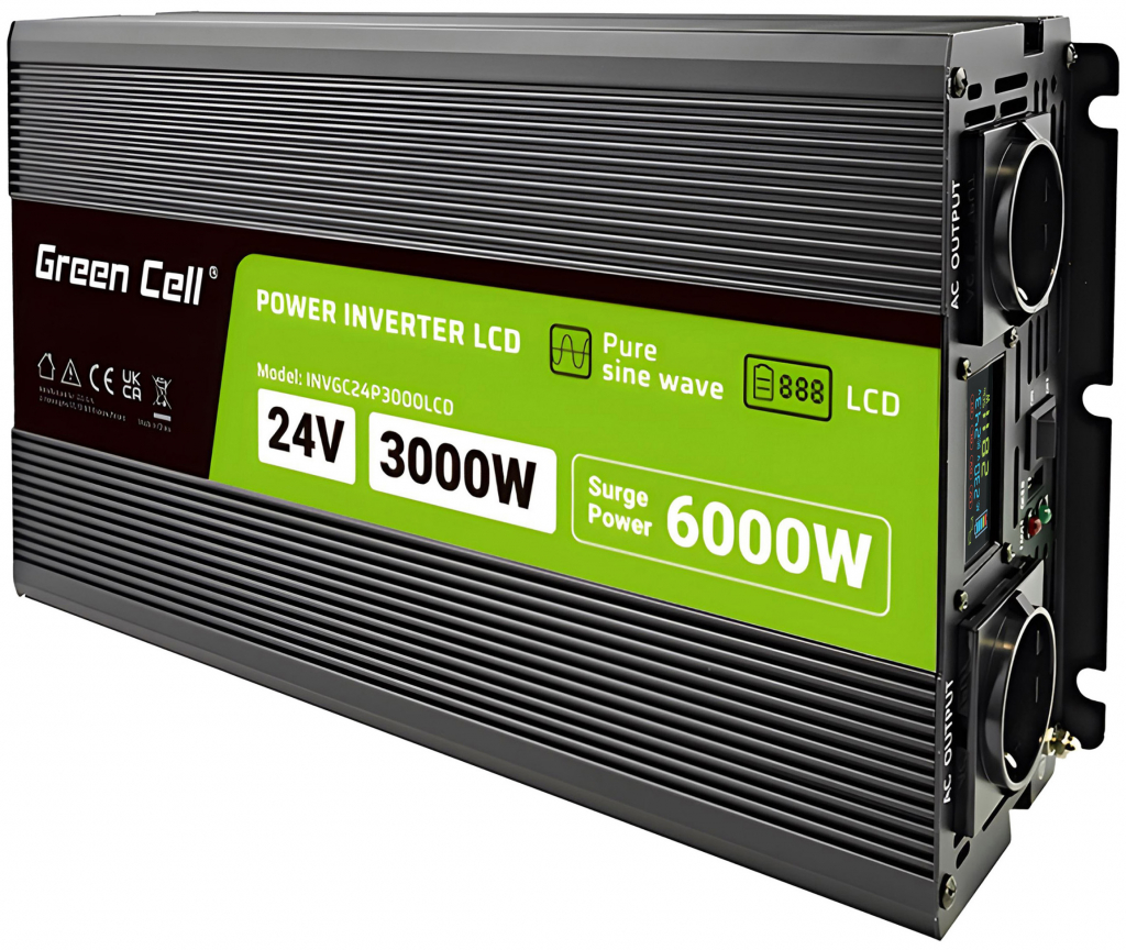 Green Cell INVGC24P3000LCD z 24V na 230V, 3000W/6000W - čistá sinusoida s LCD displejem