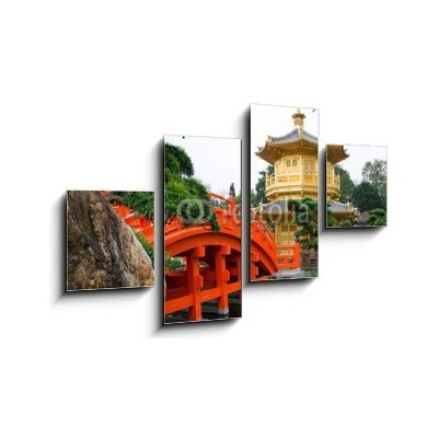 Obraz 4D čtyřdílný - 100 x 60 cm - The Golden pavilion and red bridge in Nan Lian Garden, Hong Kong Zlatý pavilon a červený most v Nan Lian Garden, Hong Kong – Hledejceny.cz