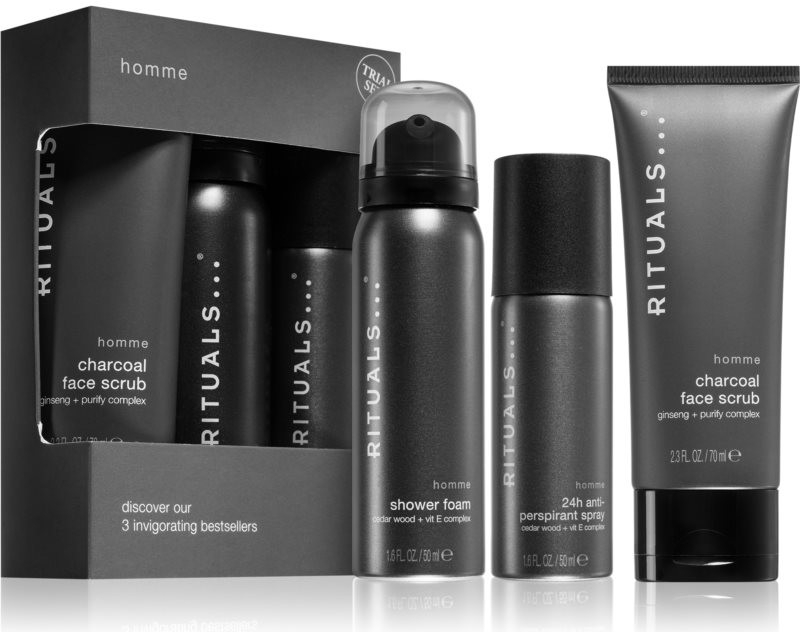 Rituals Homme sprchová pěna Homme 50 ml + antiperspirant Homme 50 ml + pleťový peeling Homme 70 ml dárková sada