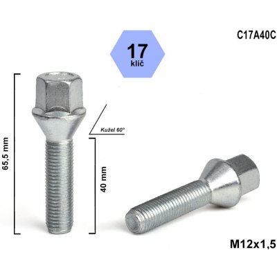 Kolový šroub M12x1,5x40 kužel, klíč 17, C17A40C, výška 65,5 mm