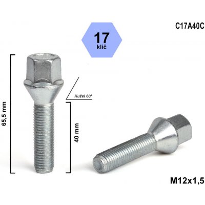 Kolový šroub M12x1,5x40 kužel, klíč 17, C17A40C, výška 65,5 mm – Zbozi.Blesk.cz