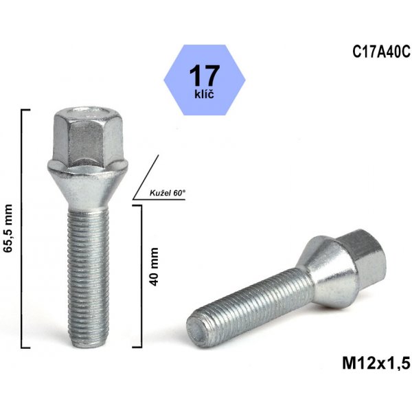 Kolové šrouby a matice Kolový šroub M12x1,5x40 kužel, klíč 17, C17A40C, výška 65,5 mm