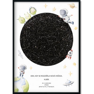 Jen tak z lásky Hvězdná mapa Vašeho životního okamžiku Rozměr plakátu: 50 × 70 cm (tištěný plakát), Barva pozadí: Kosmonaut, Volba rámu: Černý dřevěný rám – Zboží Dáma