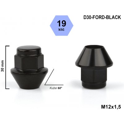 Kolová matice M12x1,5 kužel uzavřená, nerezové víčko, klíč 19, výška 30 mm, D30-FORD, FORD, VOLVO, černá – Sleviste.cz