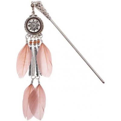 Lychee Jehlice do vlasů kovová s přívěškem peří se znakem slunce - béžovo stříbrná – Zboží Dáma