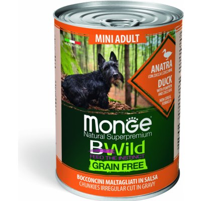 MONGE BWILD GRAIN FREE Mini Adult Kachní kousky v omáčce s dýní a cuketou 400 g – Zboží Mobilmania