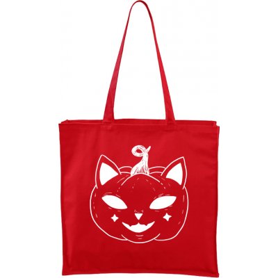 Ručně malovaná větší plátěná taška - Halloween kočka - Dýně, červená/bílý motiv