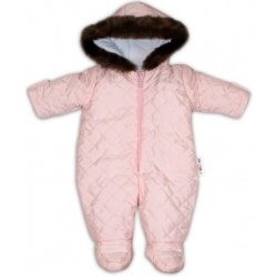 Baby Nellys ® Kombinéza s kapucí a kožíškem prošívaná bez šlapek sv. růžová