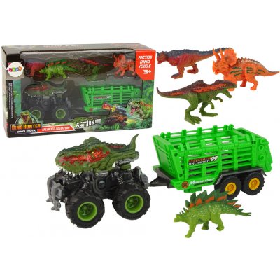 LEANToys Vozidlo s přívěsem s motivem dinosaura + 4 dinosauři zelené