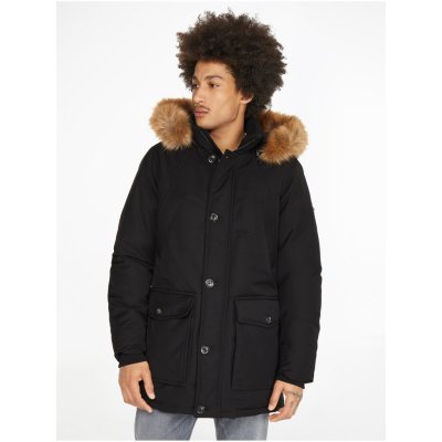 Tommy Hilfiger pánská zimní bunda s odepínací kapucí a umělým kožíškem černá – Zboží Mobilmania
