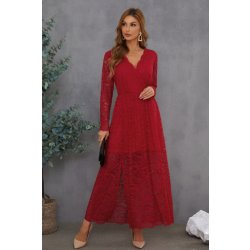 Společenské krajkové maxi šaty s dlouhým rukávem červené