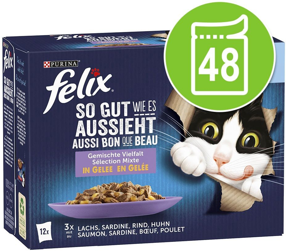 Felix So gut wie es aussieht Senior Pouches hovězí kuřecí sardinky losos 48 x 85 g