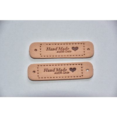 Koženkový štítek Hand made with love 5,5 x 1,5cm béžovo-růžový – Zboží Dáma