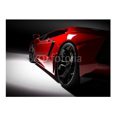 WEBLUX 115248334 Fototapeta papír Red fast sports car in spotlight Červené rychlé sportovní auto v reflektoru černé pozadí. Lesklý nový luxusní. rozměry 360 x 266 cm – Zboží Mobilmania