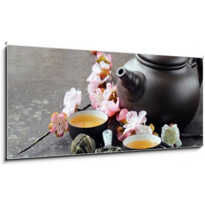 Skleněný obraz 1D panorama - 120 x 50 cm - tea set (teapot, cups and different green tea) čajová souprava (čajová konvice, šálky a různé zelené čaje)