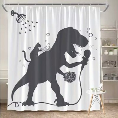 Sprchový závěs se zavěšením grommet top + háčky - Bílý s černým dinosaurem, 300 x 180 cm – Hledejceny.cz