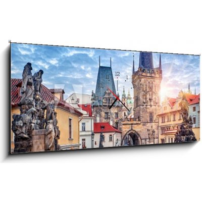 Obraz s hodinami 1D panorama - 120 x 50 cm - Sunrise on Charles bridge in Prague Czech Republic picturesque Východ slunce na Karlově mostě v Praze, Česká republika, male – Hledejceny.cz