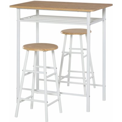 HOMCOM Barový set 3-dílný jídelní stůl se 2 barovými židlemi, ocel bílá/dub 80x50x90 cm