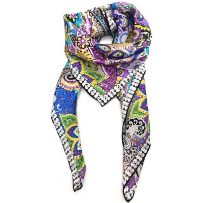 dámský hedvábný šátek šála čtvercový modrý fialový zelený modrá zelená žlutá – Zboží Dáma