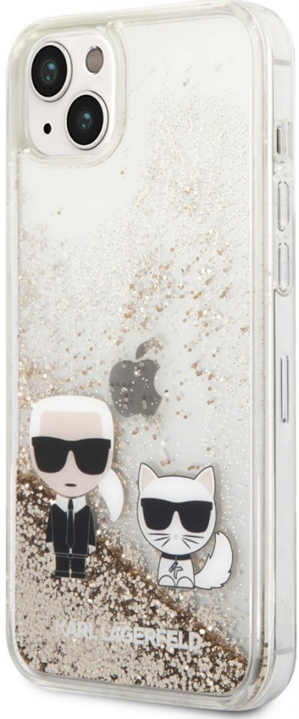Pouzdro Karl Lagerfeld Liquid Glitter Karl and Choupette iPhone 14 Plus zlaté
