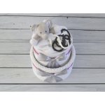 dortNEdort Dvoupatrový černobílý plenkový dort se sloníkem a chrastítkem Miminko se narodilo a je mu asi měsíc Bílá deka slon a černobílé tvary pro holči – Zboží Dáma