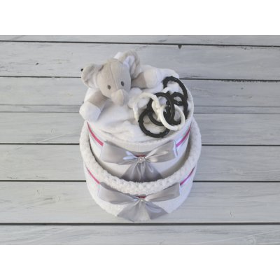 dortNEdort Dvoupatrový černobílý plenkový dort se sloníkem a chrastítkem Miminko se narodilo a je mu asi měsíc Bílá deka slon a černobílé tvary pro holči – Zboží Dáma