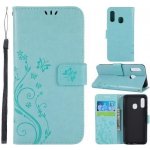 Pouzdro Butterfly PU kožené peněženkové Samsung Galaxy A20e - cyan