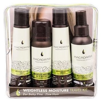 Macadamia Weightless Moisture Travel šampon 100 ml + kondicionér 100 ml + bezoplachový kondicionér 100 ml + hydratační suchý olej 50 ml + etue dárková sada