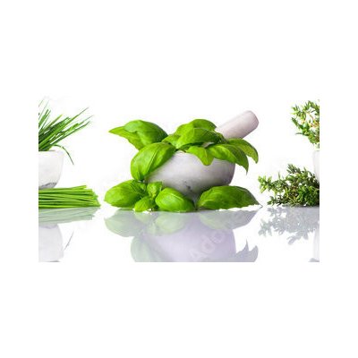 WEBLUX 122892380 Samolepka fólie Pestle and Mortar with Green Herbs on White Background Tlouček a malta se zelenými bylinkami na bílém pozadí, rozměry 100 x 73 cm – Zbozi.Blesk.cz