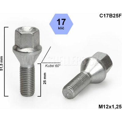 Kolový šroub M12x1,25x25 kužel, klíč 17, C17B25F, výška 51,5 mm – Zboží Mobilmania
