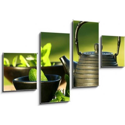 Obraz 4D čtyřdílný - 100 x 60 cm - Black iron asian teapot with sprigs of mint for tea Černá železná asijská čajová konvice s větvičkami na čaj – Zboží Mobilmania
