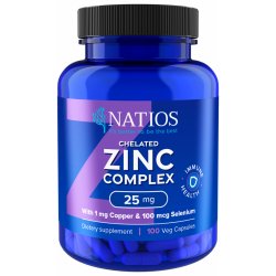 Natios Zinc Chelated Complex, Zinek, selen a měď, 25 mg, 100 veganských kapslí