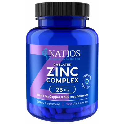 Natios Zinc Chelated Complex, Zinek, selen a měď, 25 mg, 100 veganských kapslí