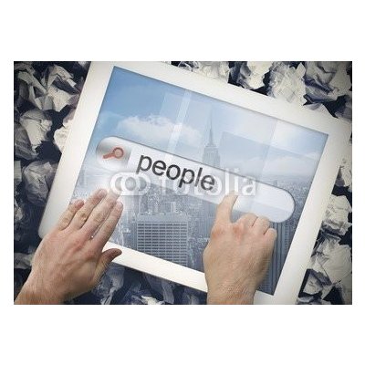 WEBLUX 62169179 Fototapeta vliesová Hand touching people on search bar on tablet screen Ruka se dotýká lidí na vyhledávacím panelu na obrazovce tabletu rozměry 200 x 144 cm