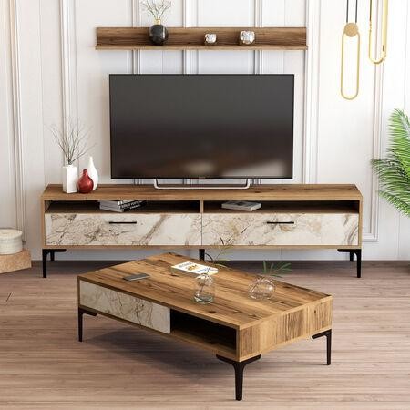 Hanah Home Living Room Furniture Set Istanbul Walnut White Marble Walnut White