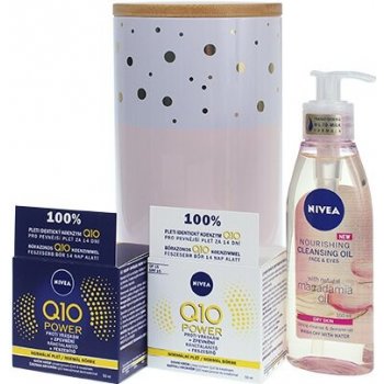 Nivea Q10 Beauty denní pleťová péče Q10 Power SPF15 50 ml + noční pleťová péče Q10 Power 50 ml + čisticí pleťový olej Nourishing Cleansing Oil Macadamia Oil 150 ml + plechová dóza dárková sada