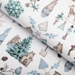 Bavlněná látka/plátno Sandra SA-662 Modro-zeleno-hnědý vánoční vzor - šířka 160 cm – Zboží Dáma