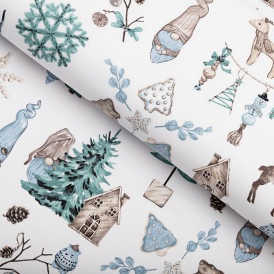 Bavlněná látka/plátno Sandra SA-662 Modro-zeleno-hnědý vánoční vzor - šířka 160 cm – Zboží Dáma