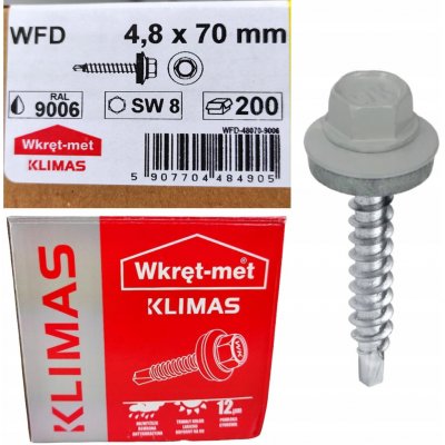 Samořezný střešní farmářský šroub KLIMAS 4,8 x 70 SW8 RAL 9006 Bílý hliník s podložkou EPDM (200 ks/bal) – Zboží Mobilmania