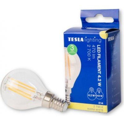 Tesla LED žárovka FILAMENT RETRO miniglobe, E14, 4,2W, 230V, 470lm, 25 000h, 2700K teplá bílá, 360 – Zboží Mobilmania