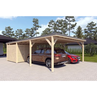 Holzbrüder Ralf na auto s malým domkem přírodní/šedá 6 x 8,68 m – HobbyKompas.cz