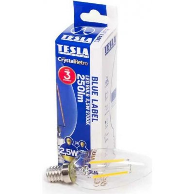 Tesla Lighting LED žárovka FILAMENT RETRO svíčka E14, 2,5W, 230V, 250lm,15 000h, 2700K teplá bílá, 360stčir – Zboží Mobilmania