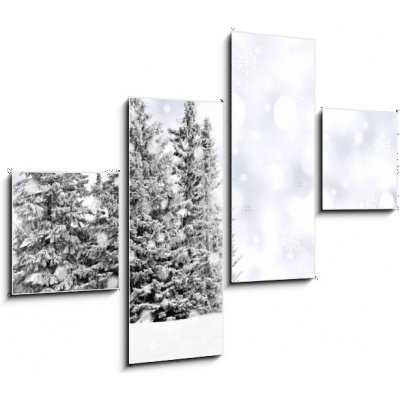 Obraz 4D čtyřdílný - 120 x 90 cm - Snowy trees with twinkling silver background and snowflakes Zasněžené stromy s blikajícím stříbrným pozadím a sněhové vločky – Zboží Mobilmania