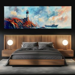 Obraz na plátně - Starý maják a rybářský člun FeelHappy.cz Velikost obrazu: 210 x 70 cm