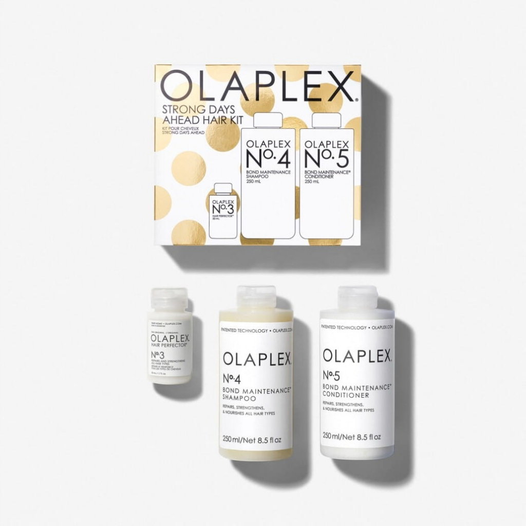 Olaplex Strong Days Ahead Hair Kit obnovující šampon pro všechny typy vlasů 250 ml + posilující kondicionér pro hydrataci a lesk 250 ml + ošetřující péče pro poškozené a křehké vlasy